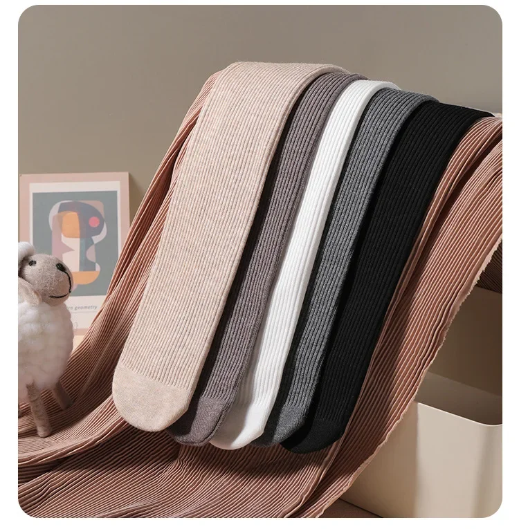 Color: GRAY, Size: XS - Autumn Winter New Thin Plush Vertical Stripe Solid Color Girls' Pantyhose With Plush Warm Children's Bottom Socks and Panties