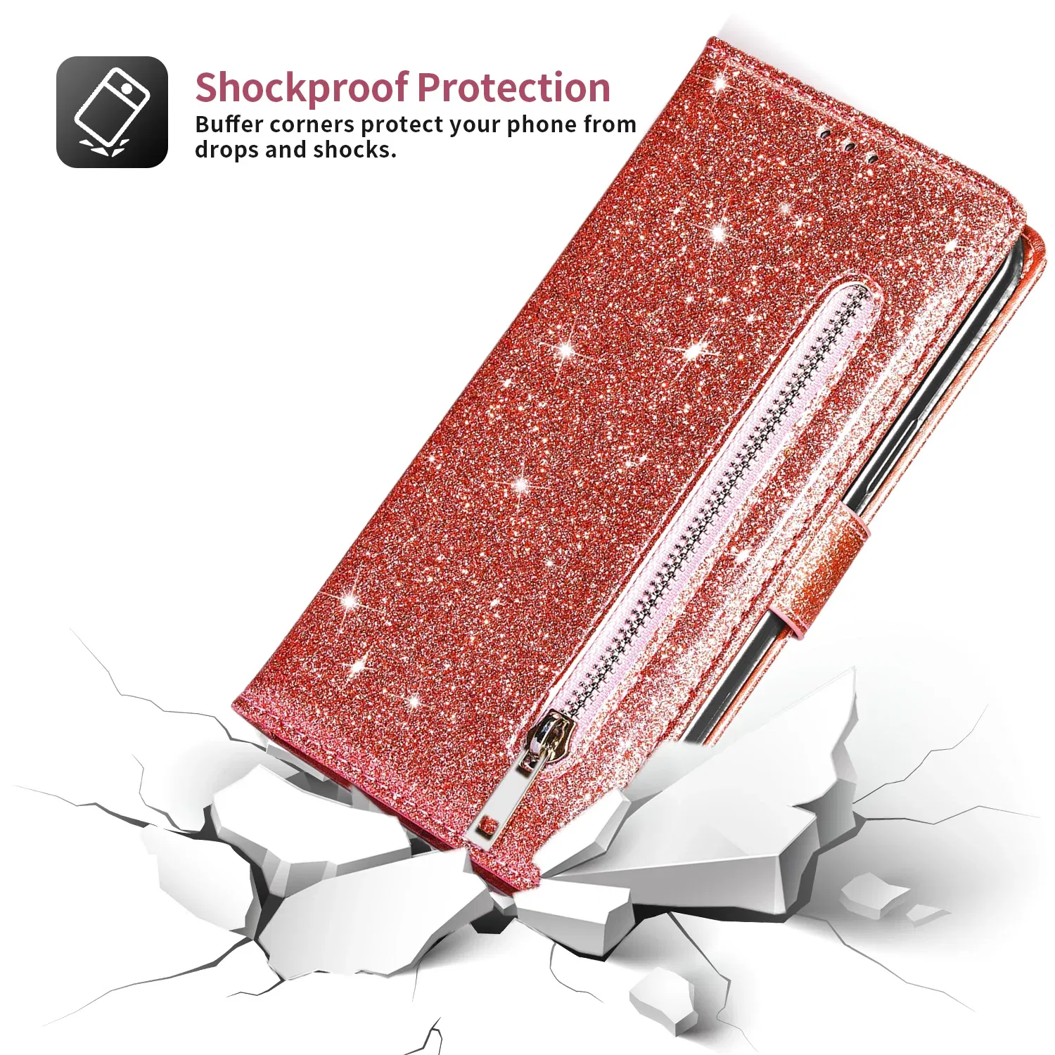 Color: Rose Red, Material: PP - Zipper Flip Wallet Glitter Leather Case for iPhone 16 15 14 13 12 11 Pro Max XS XR 8 7 Plus SE 2022 Mini Bling Stand Phone Cover
