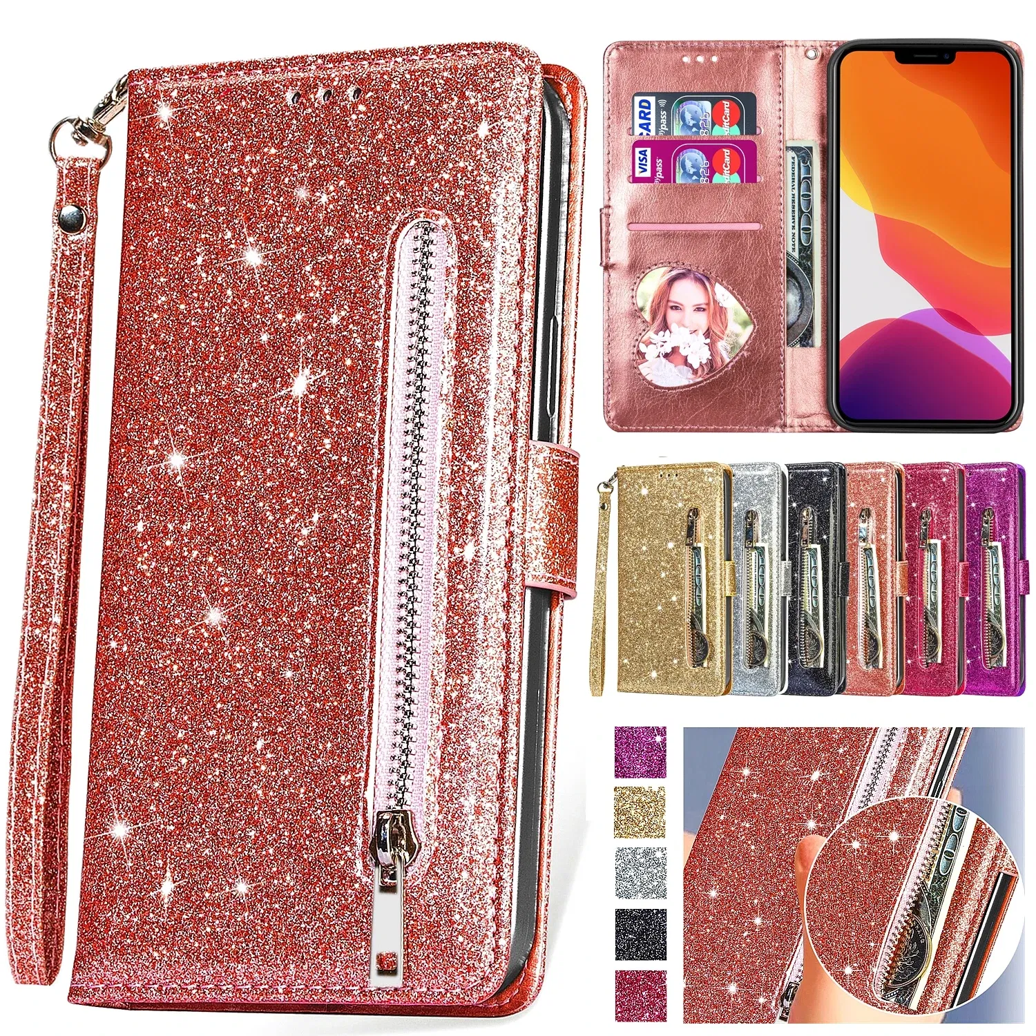 Color: Rose Red, Material: PP - Zipper Flip Wallet Glitter Leather Case for iPhone 16 15 14 13 12 11 Pro Max XS XR 8 7 Plus SE 2022 Mini Bling Stand Phone Cover