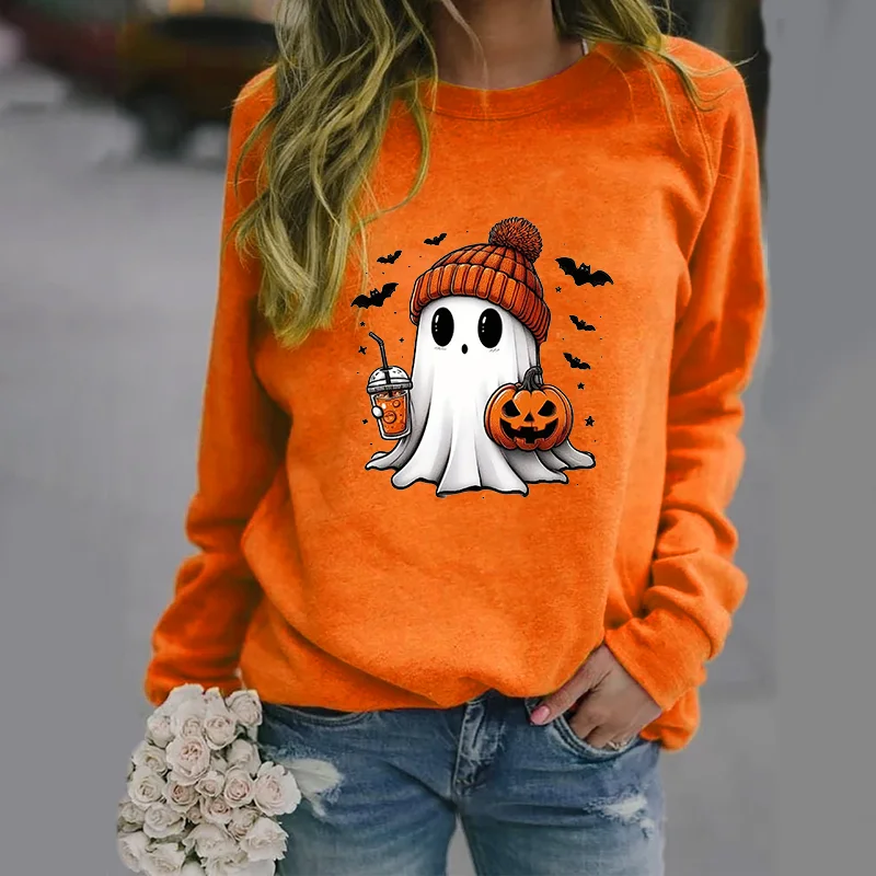 Color: Orange, Size: L - Cute Ghost Pattern Sweater Women's Casual Halloween Ghost Harajuku Pullover Fall Women's Tops