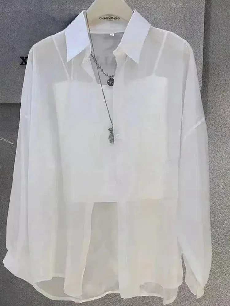 Size: 1XL, Color: Natural - Plus Size Women?™s Shirts 2025 Summer Breathable and Sun-Proof Ice Silk with Button Thin Loose Sheer Chiffon Blouses Long Sleeve