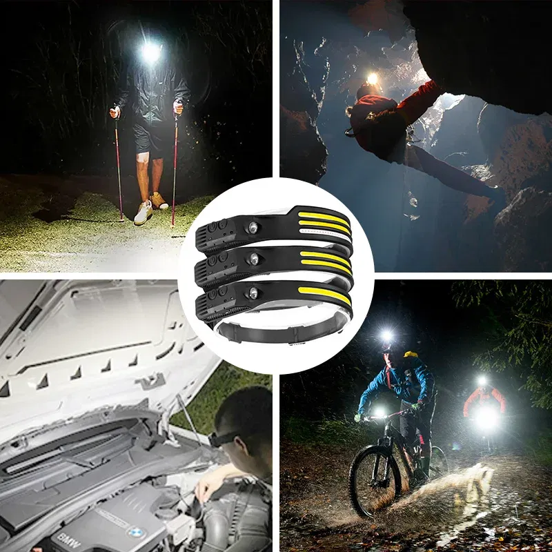 Emitting Color: changeable - Induction Headlamp COB LED Sensor Head Lamp Built-in Battery Flashlight USB Rechargeable Head Torch 5 Lighting Modes Headlight