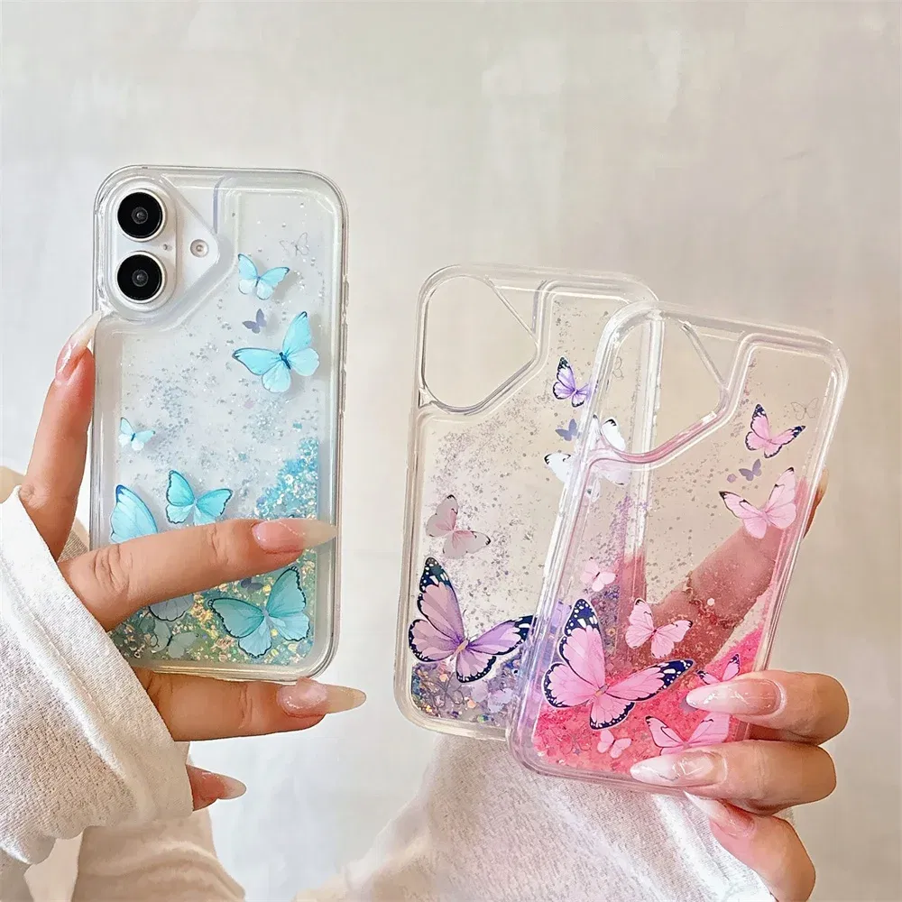 Color: Pink, Material: Microfiber - Luminous Quicksand Glitter Butterfly Case for iPhone 16 15 14 Pro Max Plus 13 12 Mini 11 X Xs XR Soft Silicone Bling Shiny Cover