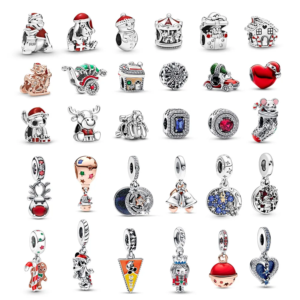 Gem Color: Pink - Pure Silver 925 Christmas Charm Fit DIY Pandora Bracelet Christmas Gift