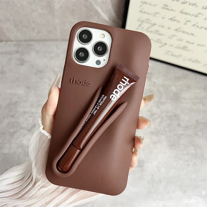 Color: Dark Grey, Bundle: Bundle1, Material: Wood - Phone Case For iPhone 12 13 14 15 16 Pro Max Plus 17 Air Portable Lip Gloss Holder Lipstick Silicone Soft Bumper Cover Lip Glaze