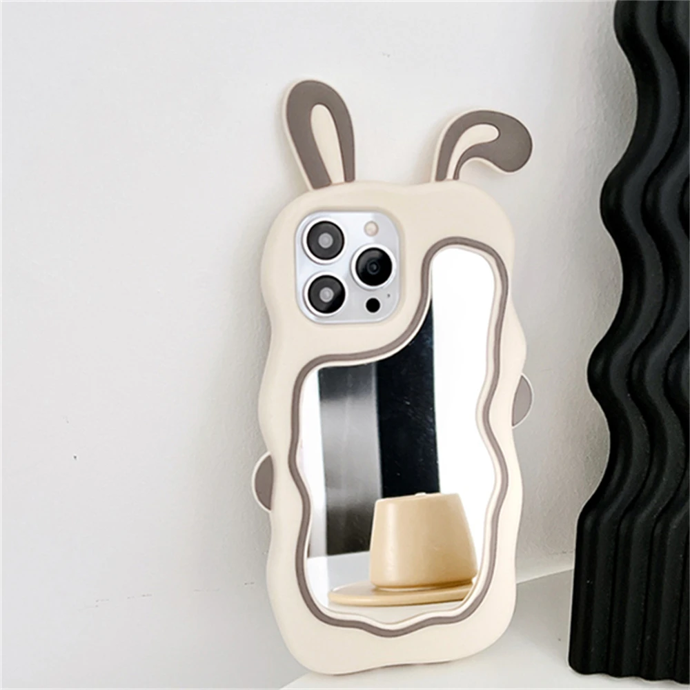 Color: Pink, Material: Microfiber - Cute Bunny Ears Mirror Phone Case For iPhone 15 14 Plus 13 12 11 Pro Max Shockproof Silicone Case