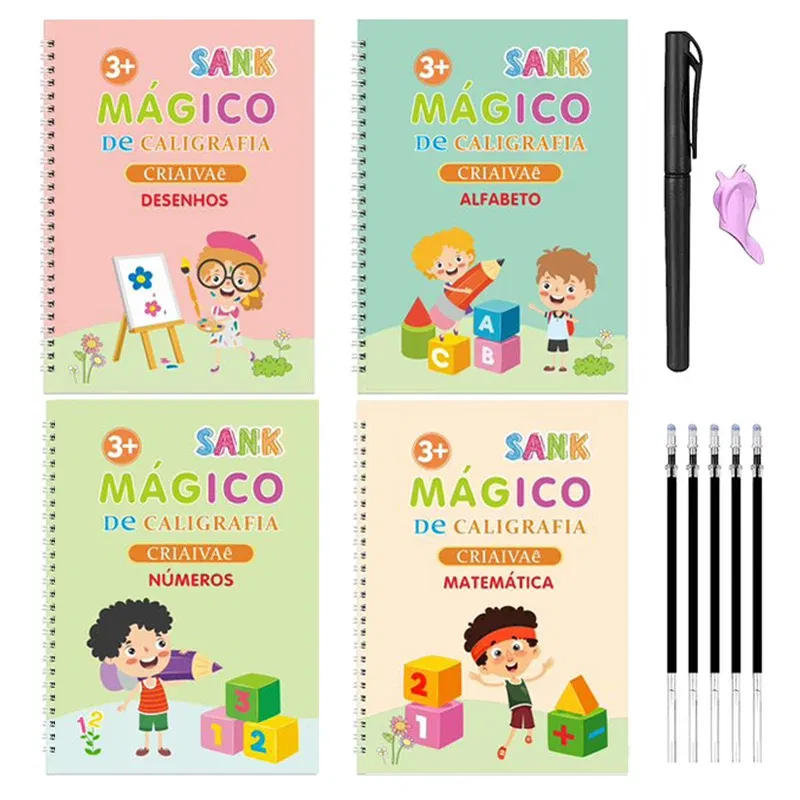 Color: Black - Magic Writing Book in Portuguese Calligraphy Notebook Montessori Kids Reusable Educational Calligraphic Letter Practice Toy