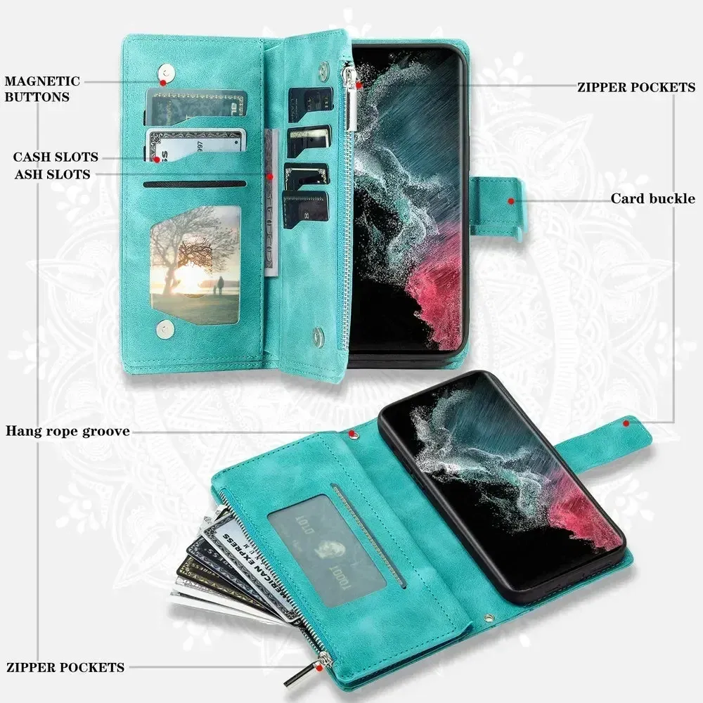 Color: Black Green, Material: Plastic - S24 Ultra S23 Plus S 22 CrossBody Strap Zipper Wallet Case for Samsung Galaxy S22 S23 FE S21 S20 23 24 Ultra Note 20 Book Cover