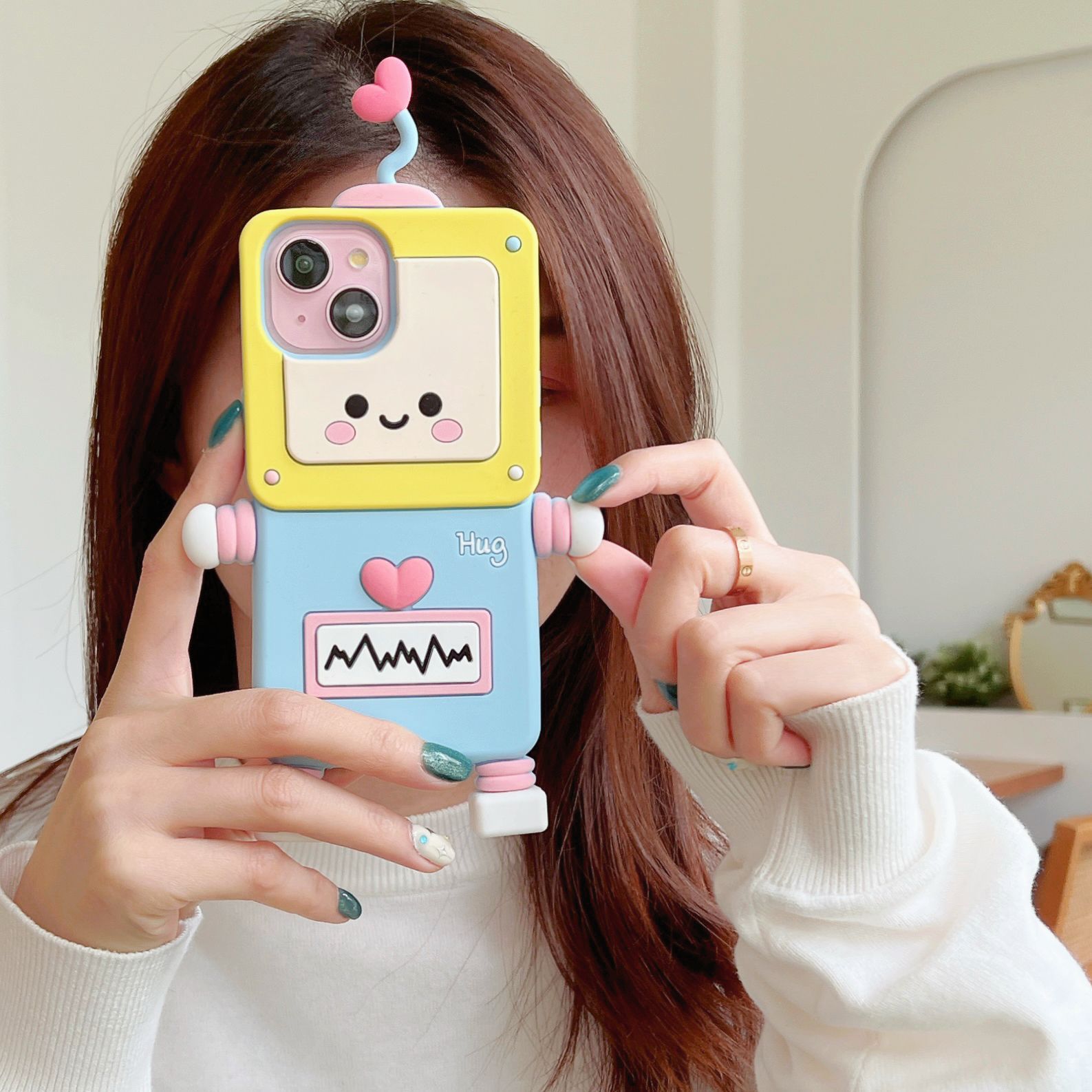 Material: PP, Color: Beige - New Cartoon Love Antenna Robot Phone Case For iPhone 15 14 13 12 Pro Max 11 Drop Resistant Case Card