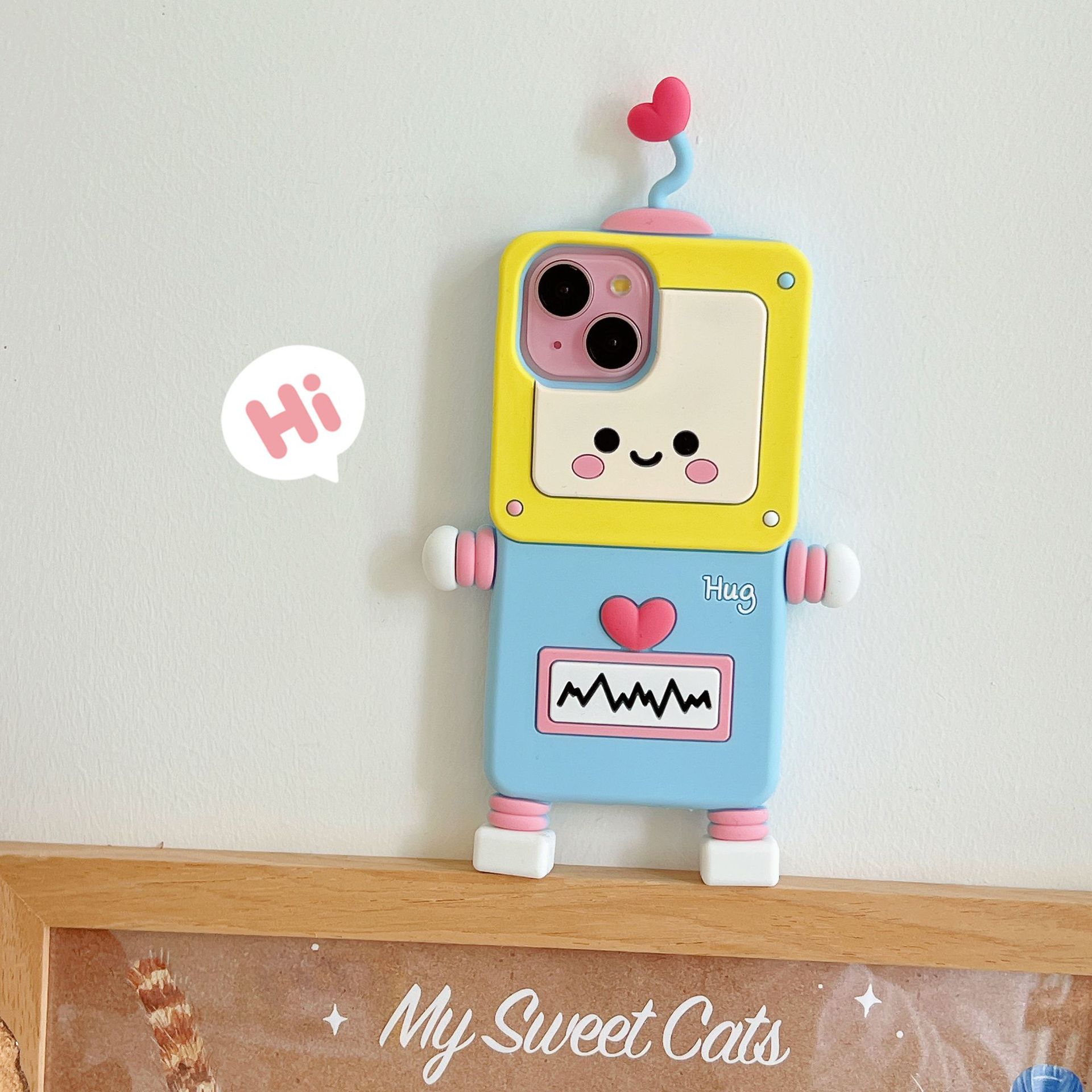 Material: PP, Color: Beige - New Cartoon Love Antenna Robot Phone Case For iPhone 15 14 13 12 Pro Max 11 Drop Resistant Case Card