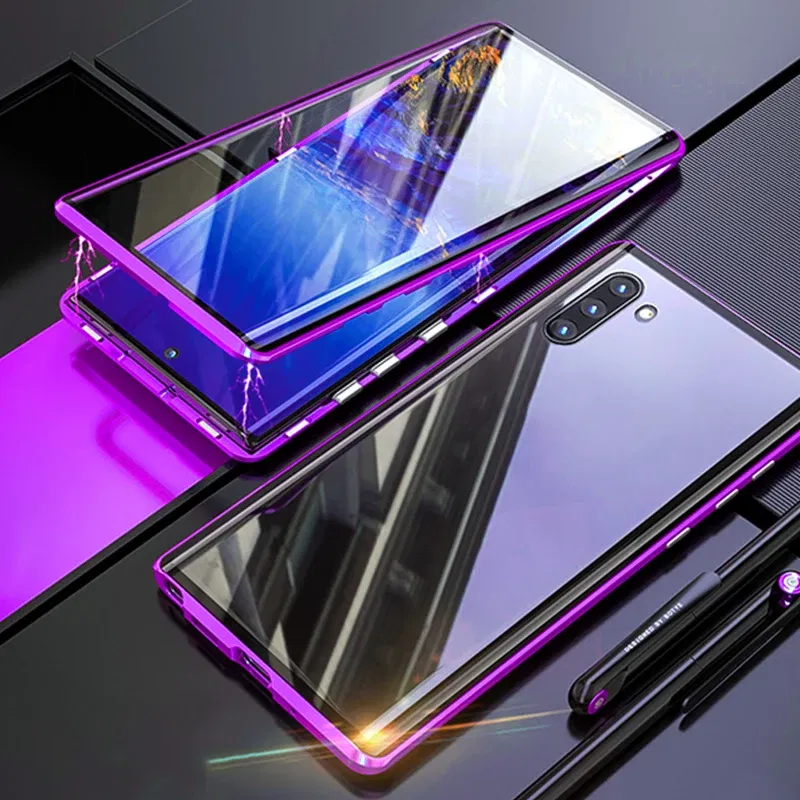 Color: PURPLE, Material: CANVAS - Full Wrap Metal Bezel Case For Samsung Galaxy S23 S22 Ultra S21 S20 FE S24 Note 10 20 Lite Plus Double-Sided Glass Back Cover