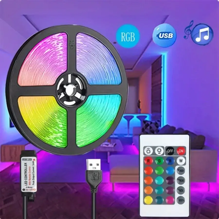 Emitting Color: RGB, Length: 3m - 5V USB LED Lights Strips RGB SMD5050 Christmas Festoon 24Key Remote Control Backlight Flexible Lamp Tape Gaming Room Decoration