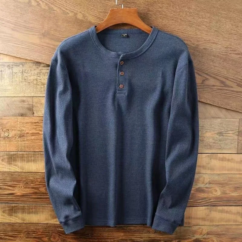 Color: GRAY, Size: S, Ships From: CHINA - Slim Fit Mens Basic Tee Casual Tshirts Henley Waffle Long Sleeve Shirts Thermal Solid Half Button Breathable 100% Cotton Shirts