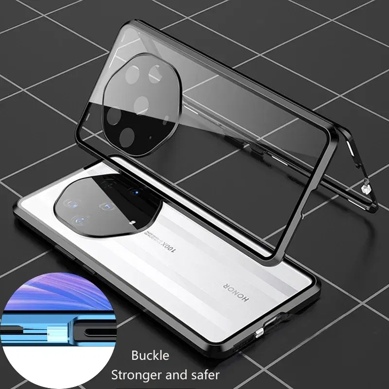 Color: Silver, Material: Neoprene - Double Sided Glass Magnetic Metal Snap Lock Phone Case For Honor Magic 4 5 Ultimate 6 Lite 7 Pro Lens Protection Cover Cases
