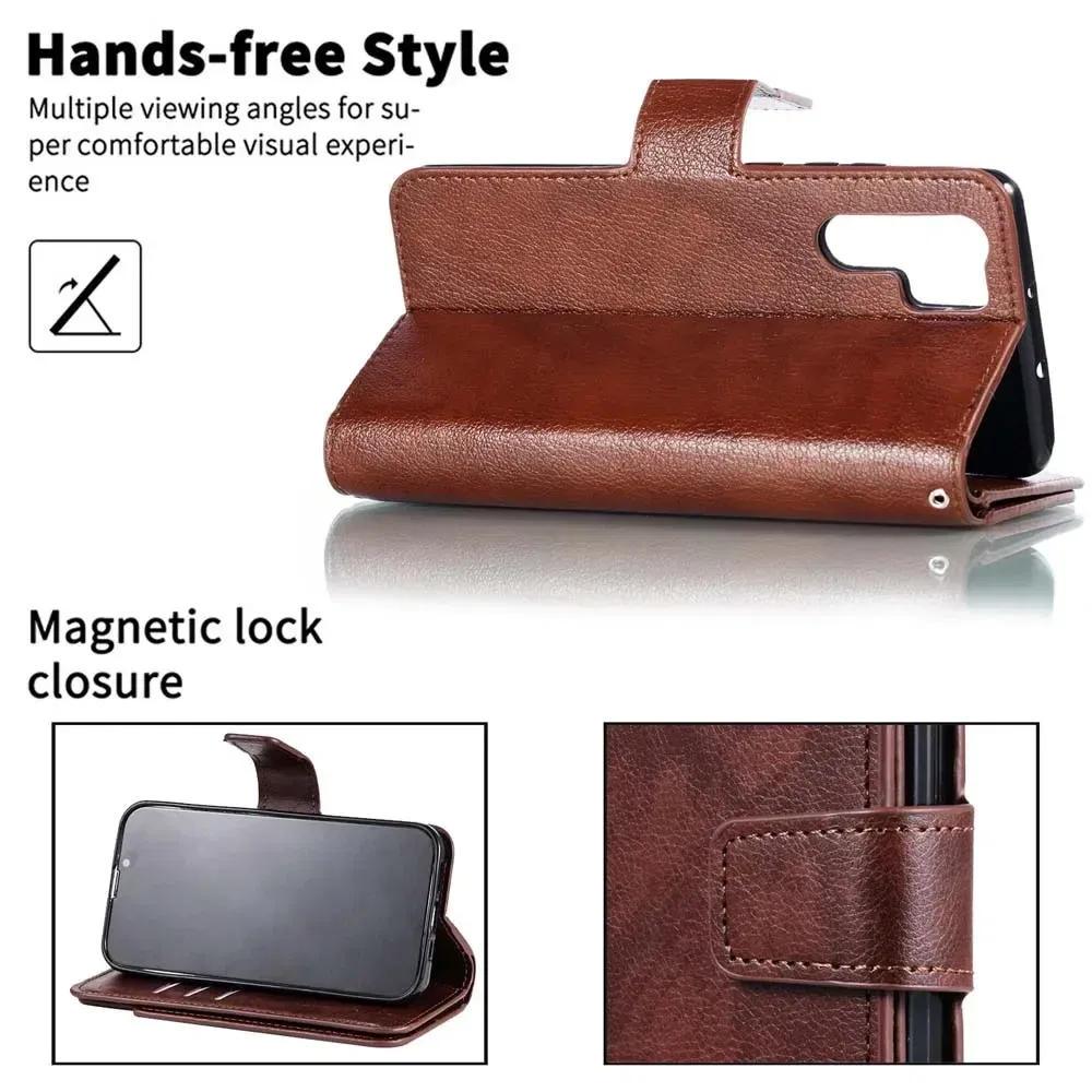 Color: GRAY, Material: CANVAS - Leather Nine Cards Wallet Case For Samsung Galaxy S24 Ultra S23 FE S22 S20 S21 Plus S10 S9 S8 Plus Note 20 Phone Cover