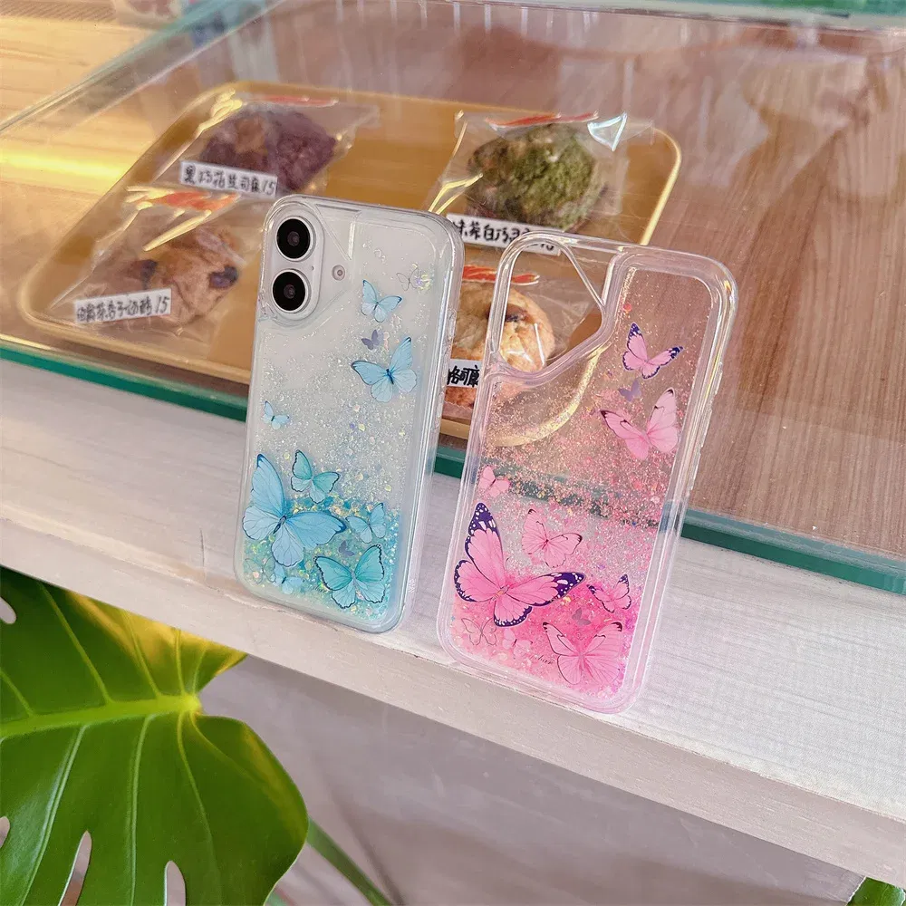 Color: Pink, Material: Wood - Luminous Quicksand Glitter Butterfly Case for iPhone 16 15 14 Pro Max Plus 13 12 Mini 11 X Xs XR Soft Silicone Bling Shiny Cover