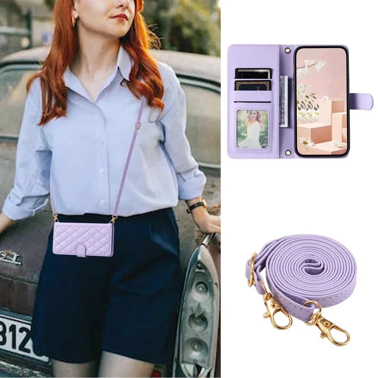 Material: PU, Color: PURPLE - Long lanyard Flip Leather Phone Case for Samsung Galaxy S24 Ultra S23 FE S22 S21 S20 S10 Plus Wallet Card Cover Coque