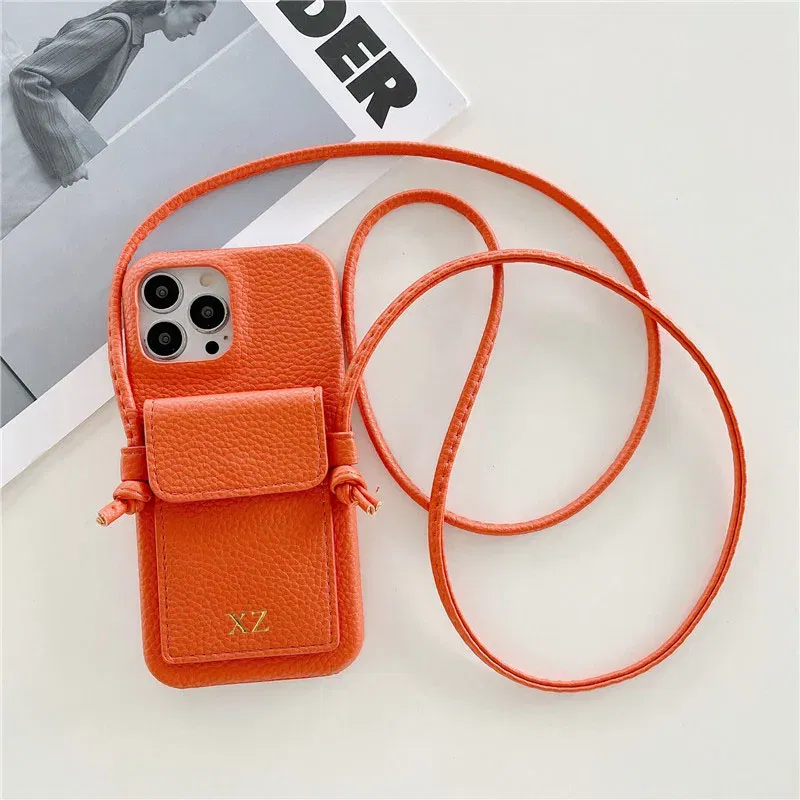 Color: Orange, Material: Microfiber - Personalized Gold Silver Letters Leather PU Card Holder Lanyard Hard Case For iPhone 14 13 12 11 15 Pro Max XS XR 16 Plus Cover