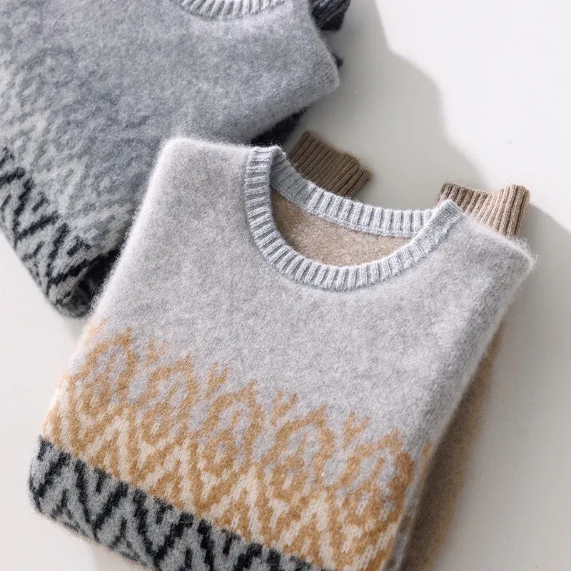 Color: Champagne, Size: S - 100% Pure Wool Pullover Sweater Men's Round Neck Knitted Sweater Autumn Winter Thick Warm Ethnic Style Men's Clothing