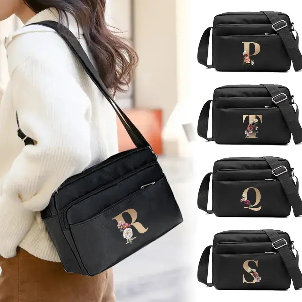 Color: black - New Fashion Multi-layer Travel Leisure Simple Storage Bag Black Gold Letter Series Printing Pattern One Shoulder Crossbody Bag