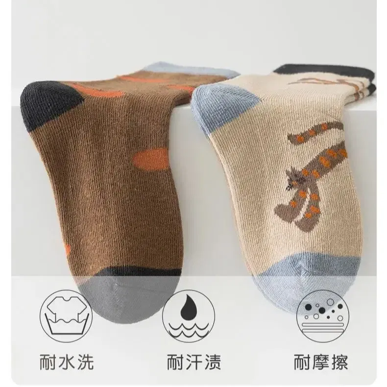 Color: Beige, Size: 10-12T - 5 Pairs Children's Socks Cotton Socks Autumn Cartoon Pattern Medium Socks Kids Boys Girls A ClassSocks