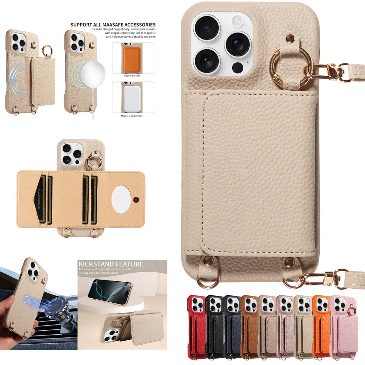 Color: Orange, Bundle: Case & Strap, Material: Artificial Leather, Compatibility by Model: iPhone 15 Plus - For IPhone16 15 Pro Max 14 13 12 Series PU Leather Magsafe Magnetic Wireless Charging Shockproof Crossbody Wallet Phone Case
