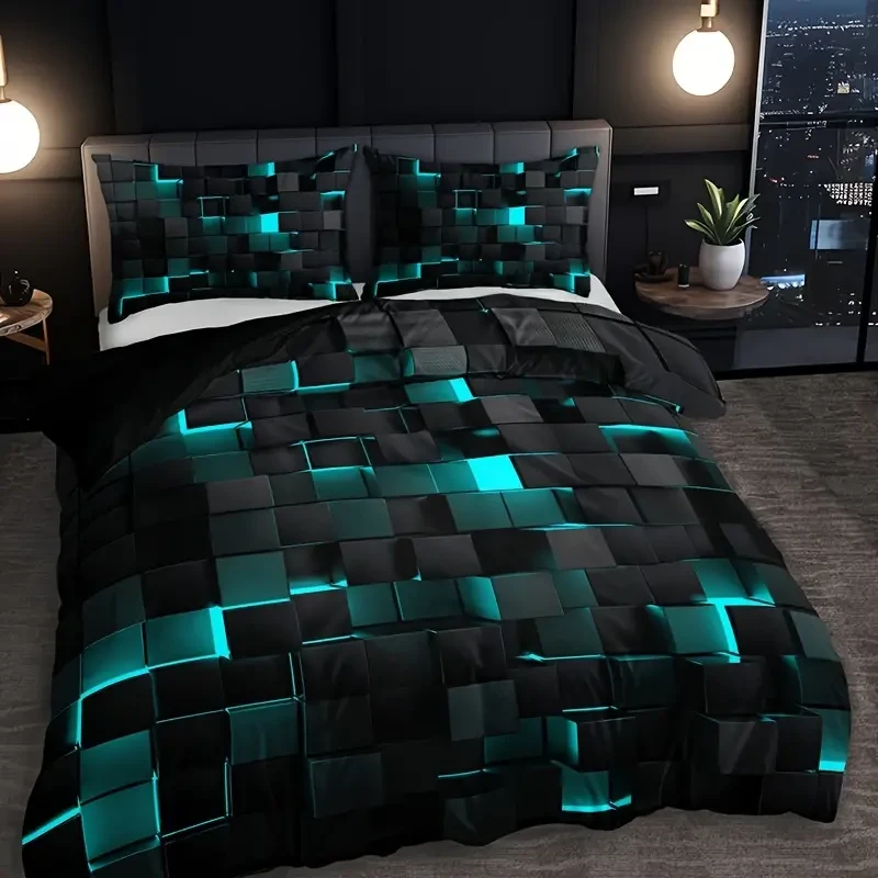 3-Piece Red Grid Duvet Cover Set