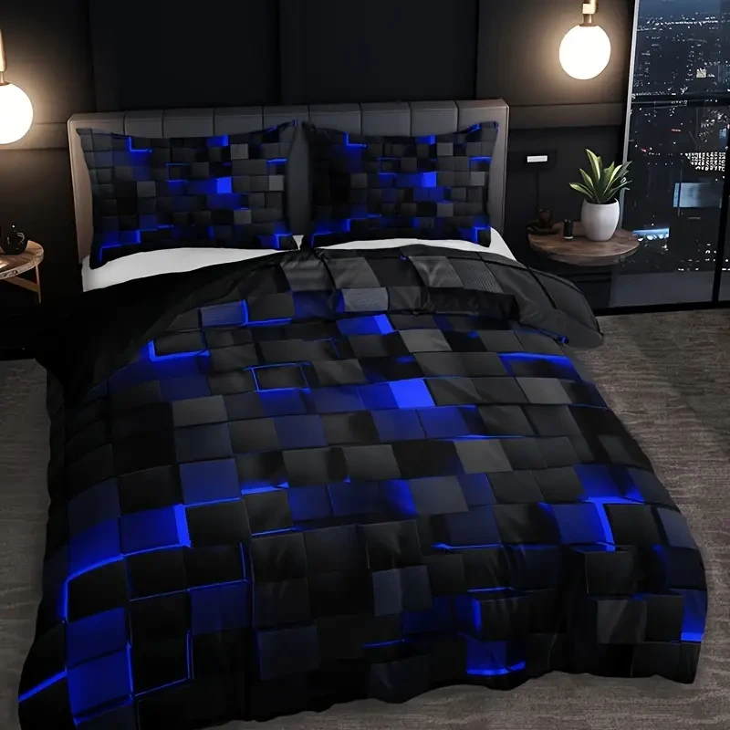 3-Piece Red Grid Duvet Cover Set