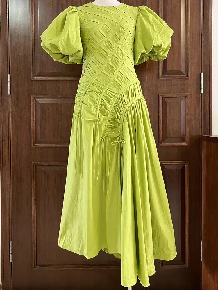 Color: Light Green, Size: XXXL - 2025 summer women's new round neck lantern short sleeve irregular stitching drawstring dress slim dinner temperament long dress