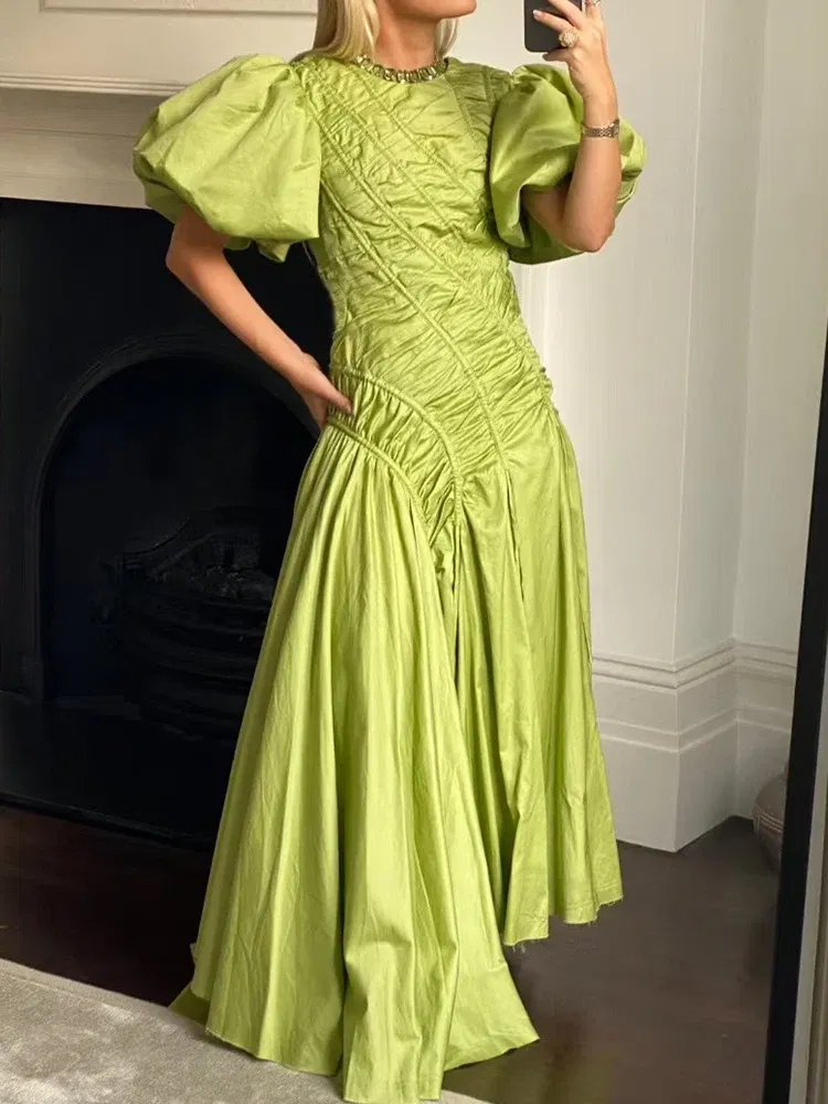 Color: Light Green, Size: XXXL - 2025 summer women's new round neck lantern short sleeve irregular stitching drawstring dress slim dinner temperament long dress