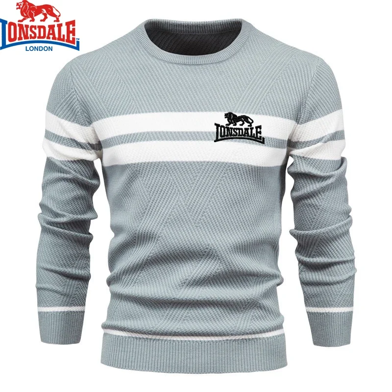 Color: Dark Grey, Size: XL - Embroidered LONSDALE Mens Boys Winter Stripe Sweater Thick Warm Pullovers Men's O-neck Basic Casual Slim Comfortable Sweaters