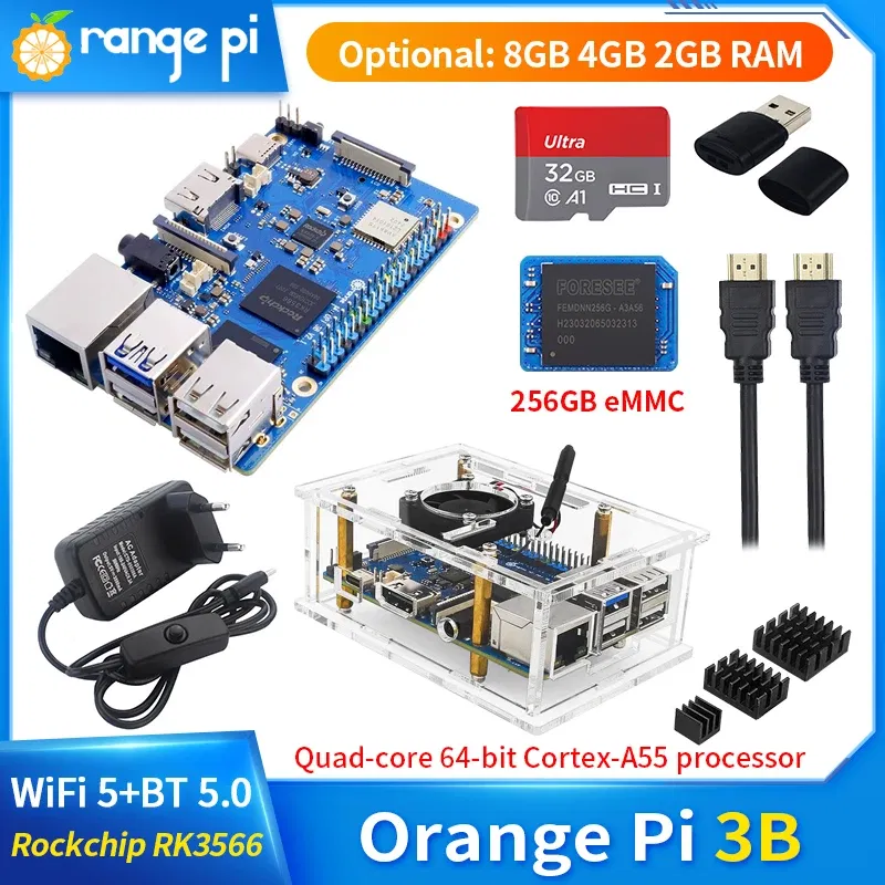 Bundle: Bundle 4, Color: Black - Orange Pi 3B 8GB 4GB 2GB RAM Rockchip RK3566 WiFi5+BT 5.0 Gigabit LAN Port Single Board Run Android Linux OpenHarmony OS Mini PC