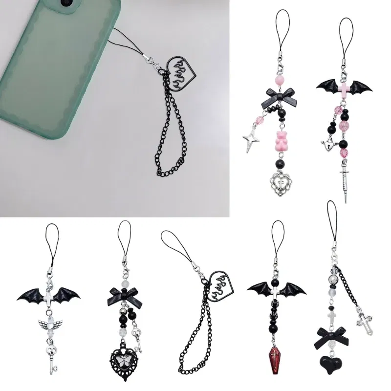 Color: Red - Goth Y2K Phone Charm Pendant Kawaii-Key Chain For Bag Cute Accessory Women Guitar Strap Lanyard Beaded Keychain Pendant