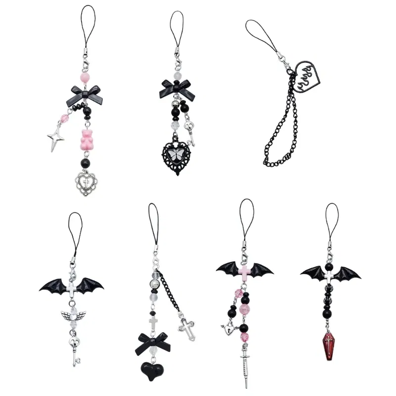Color: Red - Goth Y2K Phone Charm Pendant Kawaii-Key Chain For Bag Cute Accessory Women Guitar Strap Lanyard Beaded Keychain Pendant