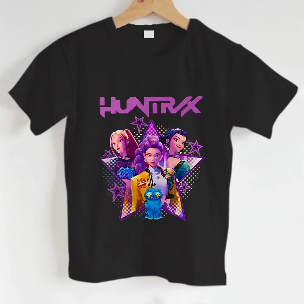 Color: Blue, Kid Size: 4 - KPOP Hunters Anime series pattern Girl T-shirt, Huntrix girl Group cute T-shirt
