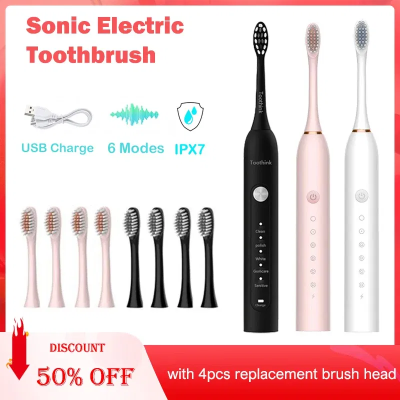 Color: green - Toothink Electric Toothbrush Smart Timing Tooth Brush Rechargeable Teeth Clean Whitening Sonic Toothbrush With Replacement Head
