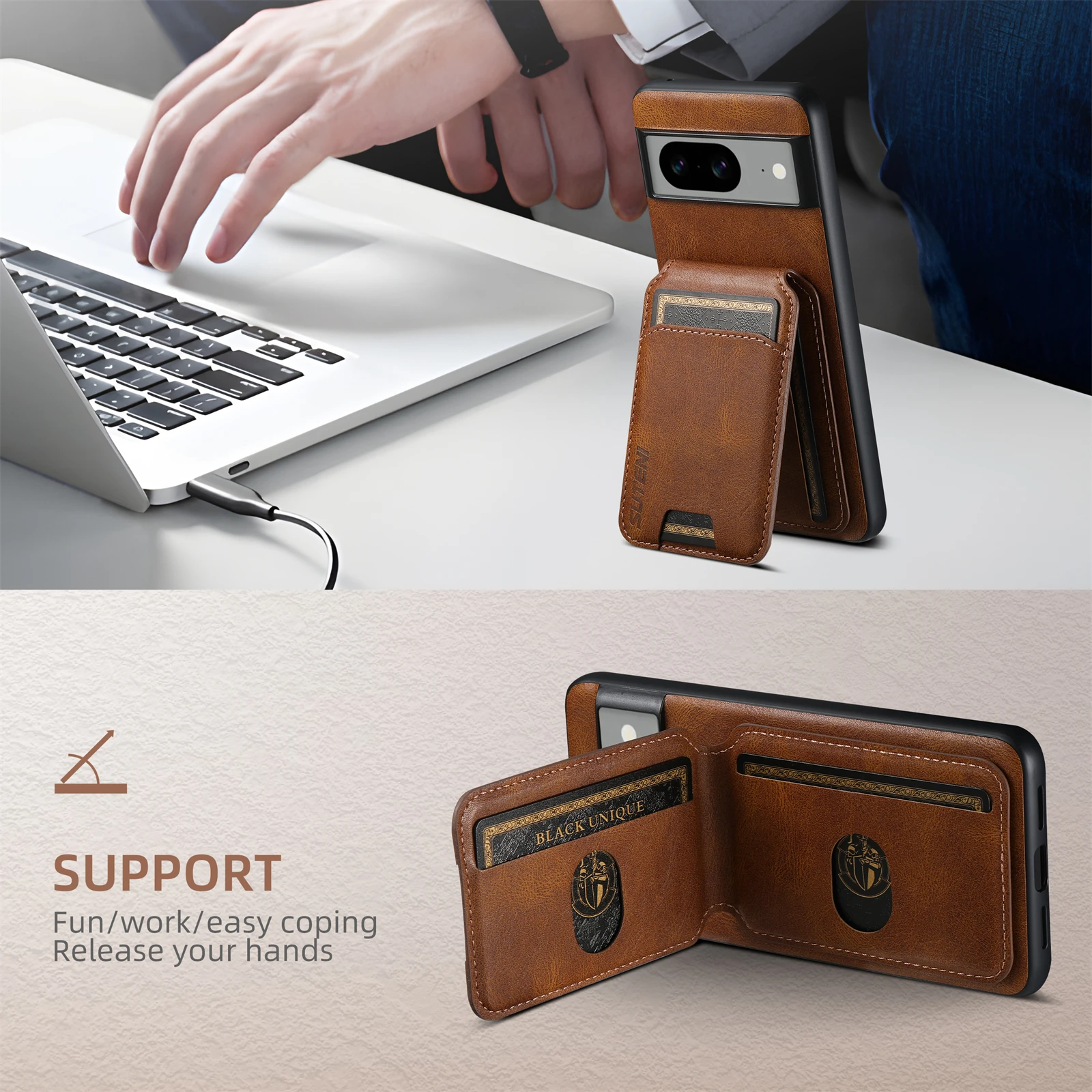 Color: Coffee, Material: Neoprene - SUTENI Card Holder Leather Pocket Wallet Phone Case Stand For Google Pixel 8A 8Pro 7 7Pro 7A 6 6Pro 6A