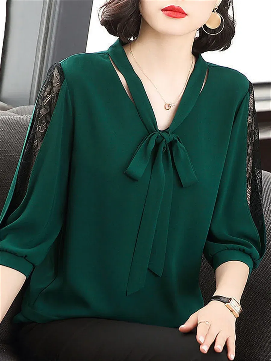 Color: Red, Size: 4XL - Women Spring Summer Style Blouses Tops Lady Casual Bow Tie Colloar Half Lace Sleeve Loose Blusas Tops DF4275