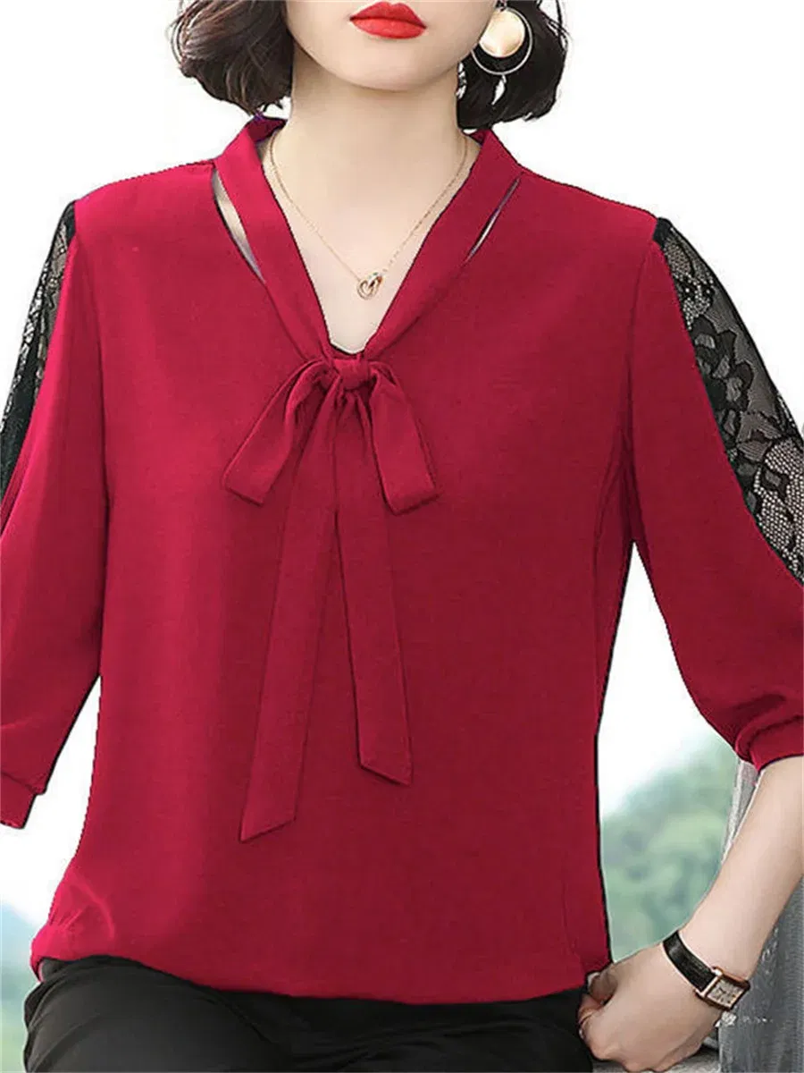 Color: Red, Size: 4XL - Women Spring Summer Style Blouses Tops Lady Casual Bow Tie Colloar Half Lace Sleeve Loose Blusas Tops DF4275