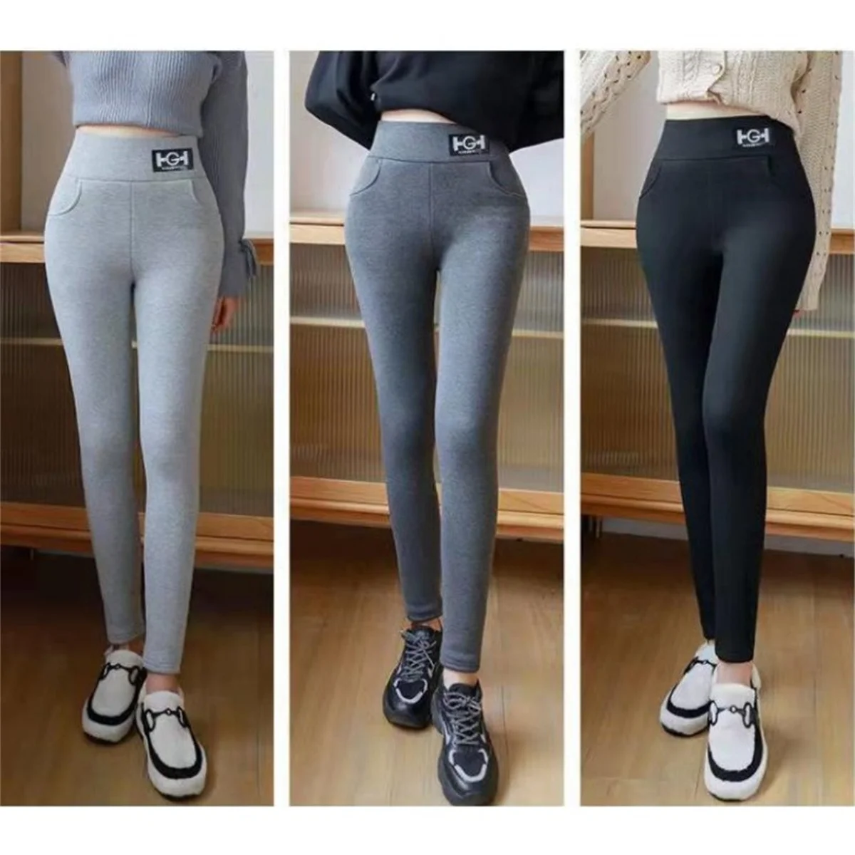 Color: black, Size: XL - Winter Women Leggings Solid Warm Leggings Thicken Lambwool Hight Waist Fleece Keep Butt Lift High Stretchy Walking Pants Pocket