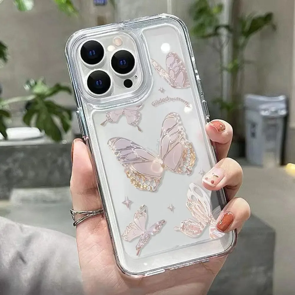 Color: Beige, Material: ABS - Simple Space Transparent Anti-fall Phone Case For iPhone 15 11 14 13 12 Pro Max Plus Silicone Protect Flower Butterfly Cover