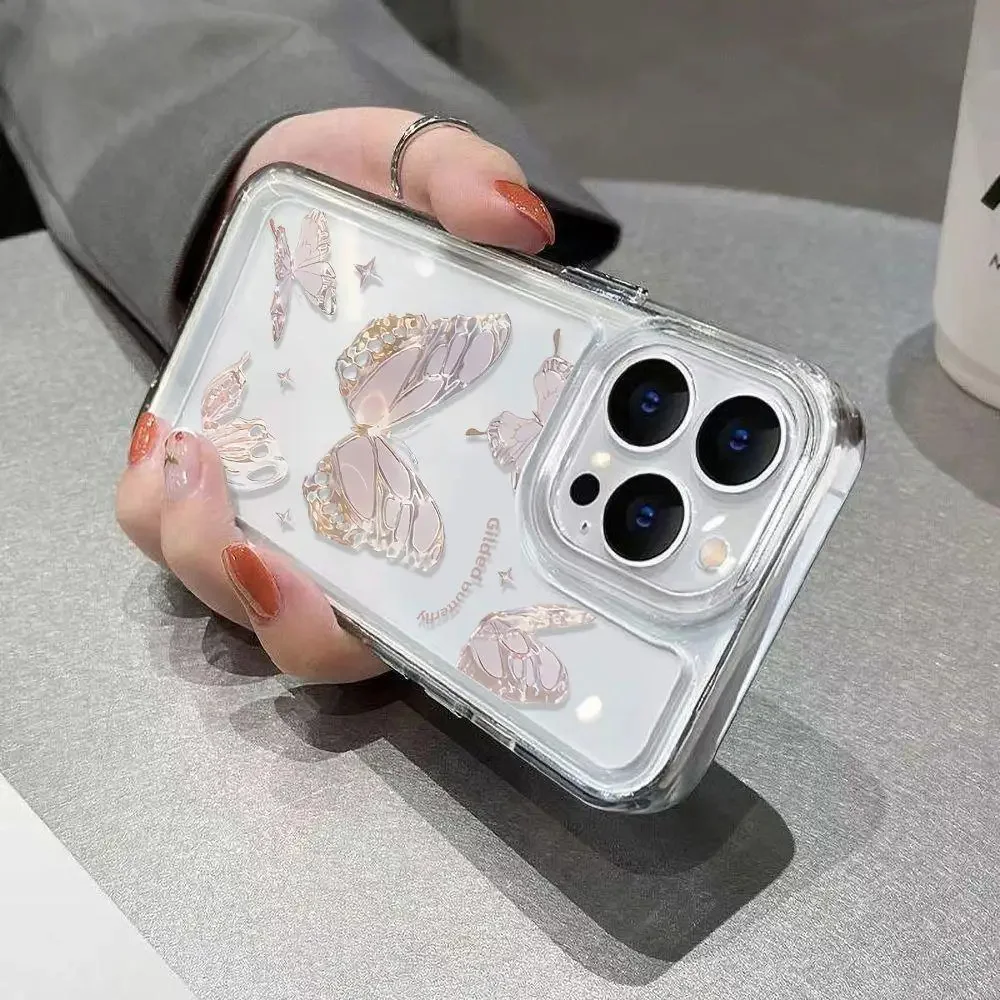 Color: Beige, Material: ABS - Simple Space Transparent Anti-fall Phone Case For iPhone 15 11 14 13 12 Pro Max Plus Silicone Protect Flower Butterfly Cover