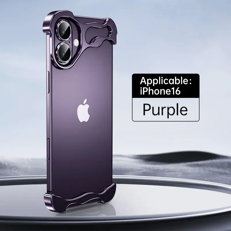 Color: black, Material: Plastic - Aluminum Metal Rimless Phone Case for iPhone 16 15 14 Plus 13 12 Pro Max Lens Protective Film Hollow Logo Cooling Accessory Case