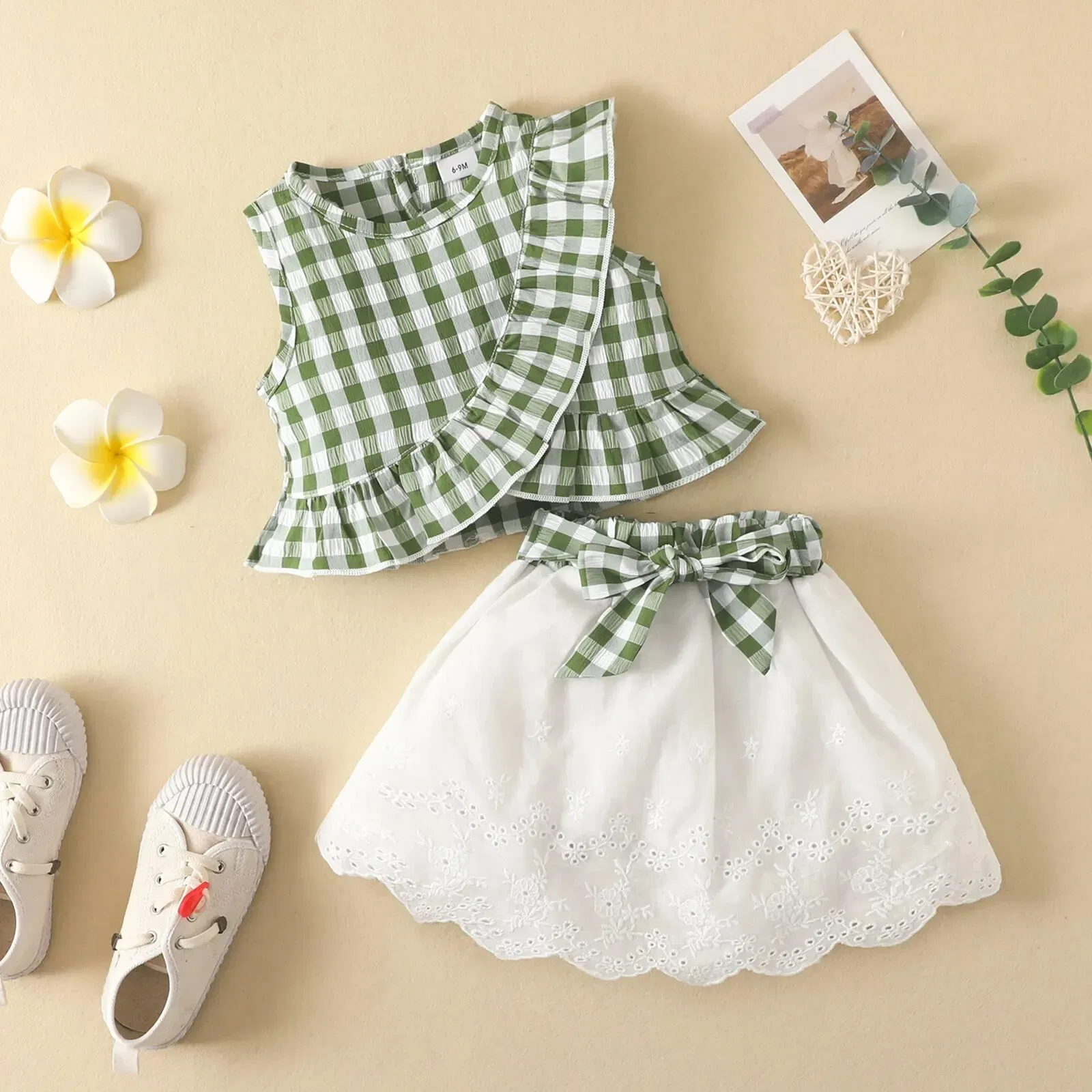 Kid Size: newborn, Color: Red - Charming Girls' Summer Ensemble: Sleeveless Plaid Ruffle Top & Lace Hem Skirt - Comfy, Durable & Stylish
