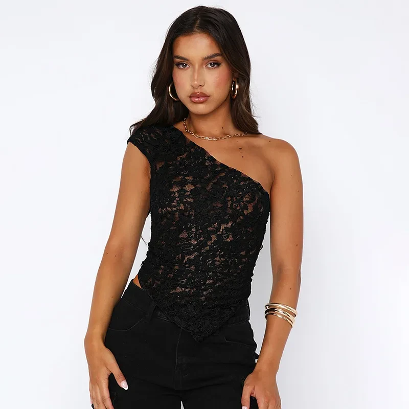 Ins Lace Backless Top Summer Solid Color Waistless Asymmetrical Sloped Neck Vest