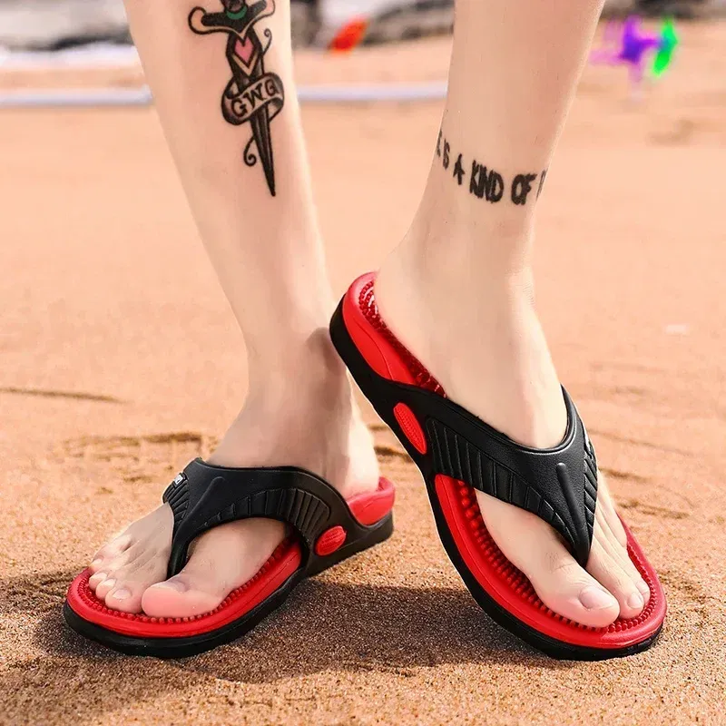 Color: Red, Shoe Size: 42 - Massage Flip Flops for Men Summer Breathable Beach Shoes Sandals Men Luxury Flip Flops Breathable Plus Big Size Men Slippers 46