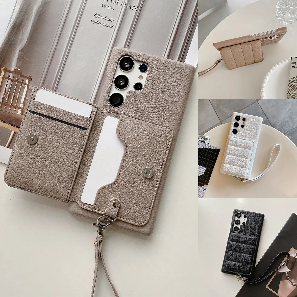 Color: black, Material: EVA - Luxury Lanyard Wallet Case For Samsung Galaxy S21 FE S22 S23 Plus Note 20 Ultra A52 A53 A54 5G Lichee Pattern Leather Cover