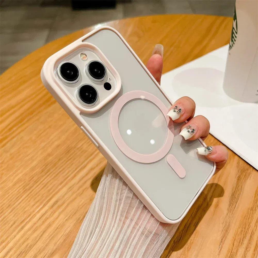 Color: Pink, Material: Leather - Luxury Shockproof Magsafe Wireless Charge Case for iPhone 17 Air 16 15 14 Plus 13 12 Mini 11 Pro Max Clear Magnetic Bumper Cover