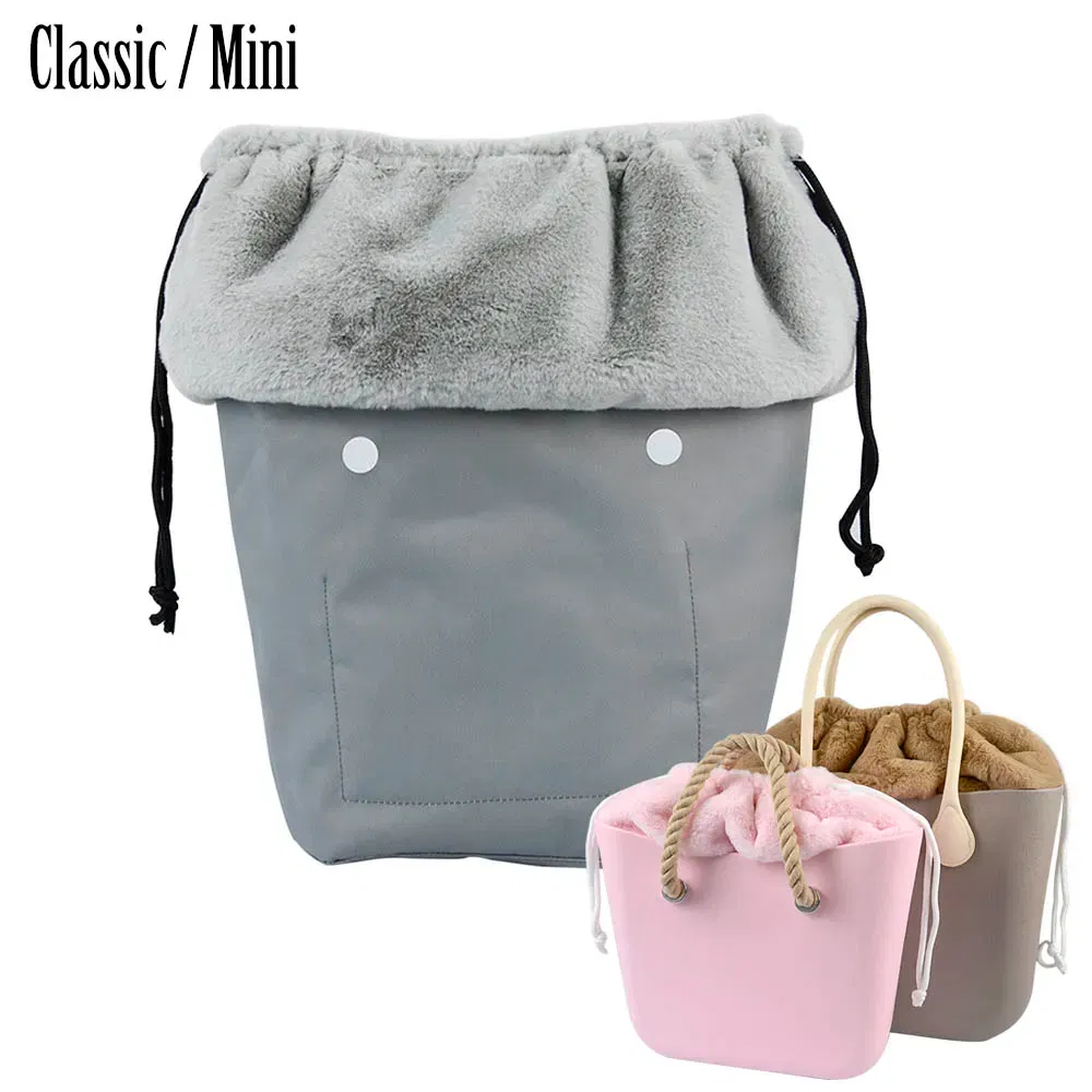 Color: Light Grey - 2025 Winter O Bag Large Capacity Classic Mini Plush Fur Furry Organizer Top Drawstring Colorful Inner Insert for Obag Winter