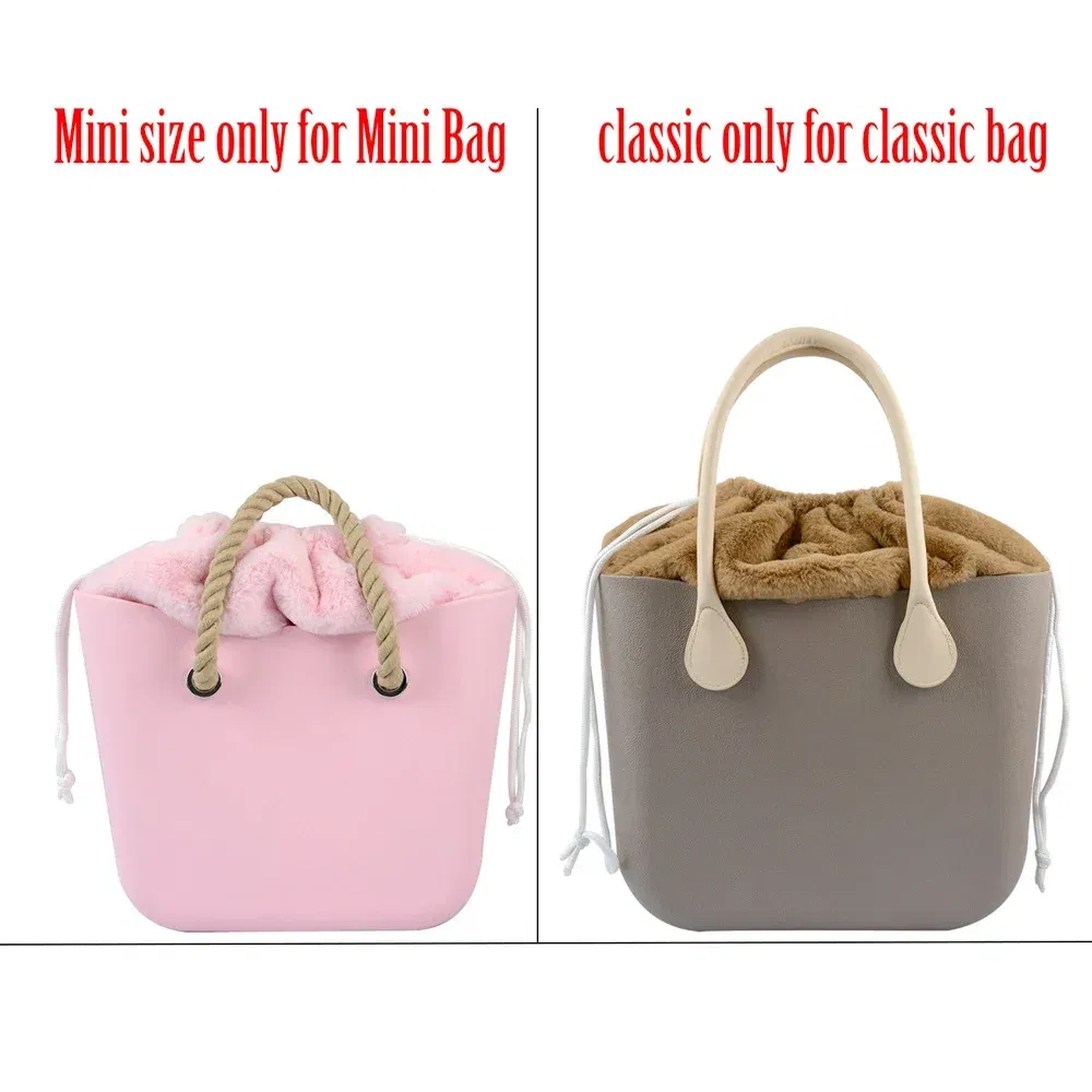 Color: Light Grey - 2025 Winter O Bag Large Capacity Classic Mini Plush Fur Furry Organizer Top Drawstring Colorful Inner Insert for Obag Winter